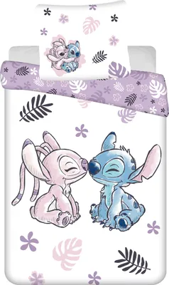 A Lilo and Stitch themed duvet cover and pillowcase set displayed on a bed.