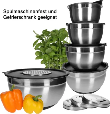 Obrázok produktu pre 15-dielna sada miešacej misy z nehrdzavejúcej ocele 18/10 vrátane veka a 4 strúhadiel na zeleninu bez rukoväte