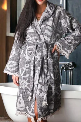 Obrázek produktu pro Uniqoos® župan s kapucí – 100% prémiová bavlna, uni župan a kimono, savý, rychle schnoucí, černý, vhodný do sauny a na cestování