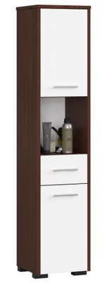 A tall, narrow bathroom cabinet with a dark brown frame and white doors and drawers.