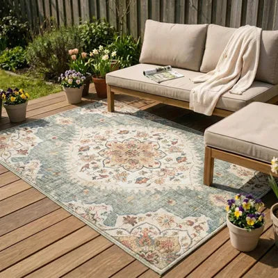 Produktbild von Volero - Vintage Gartenteppich - Santo Mandala Olivgrün - 80x150 cm - Balkon, Garten / Terrasse - Boho, Klassik, Orientalisch