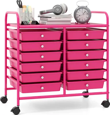 Produktbild von Rollwagen mit Schubladen, Küchenwagen mit Rollen, große Arbeitsplatte, Seitengriffe, glatte Schienen und Knöpfe, Beistellwagen für Wohnzimmer, Rosa