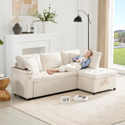 Image de MODFU Canapé Convertible avec Coffre de Rangement - Canapé-Lit 2 à 3 Places, Port USB Intégré, Tissu Chenille Beige