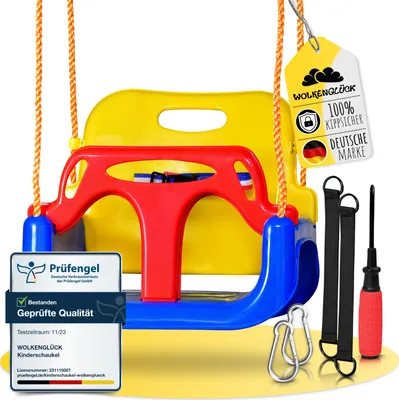 Produktbild von WOLKENGLÜCK® Babyschaukel 3 in 1 [6 Monaten bis 6+ Jahre] - Mitwachsende Kinderschaukel für Outdoor & Indoor - Hochwertige Schaukel inkl. Rückenlehne & Anschnallgurt - Schaukelsitz belastbar bis 100kg bunt