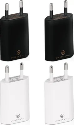 Produktbild von Wicked Chili 4x Pro Series Netzteil USB Adapter kompatibel mit Apple iPhone, Samsung Galaxy / Handy Ladegerät, Smartphone Netzstecker (1A, 5V) 2x schwarz / 2x weiß