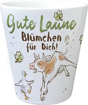 Produktbild von Kuh und Gans Blumentopf mit Spruch Gute Laune Blümchen für dich