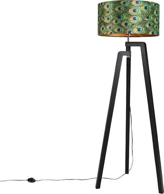 Zdjęcie produktu dla Lampa stojąca na statywie, czarna z kloszem w wzór pawia, 50 cm, Puros