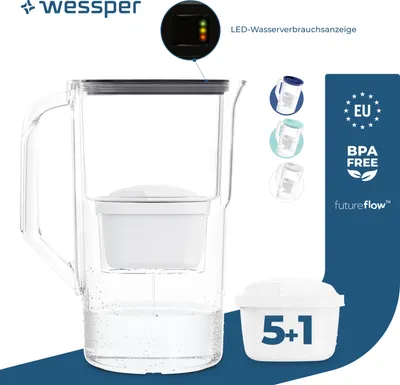 A water filter pitcher with a filter cartridge and marketing information.