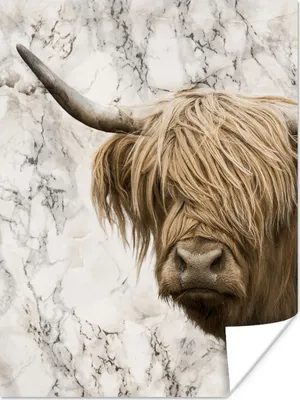 Produktbild von MuchoWow® Poster Schottischer Highlander - Marmor - Kuh 90x120 cm - Wohnzimmer