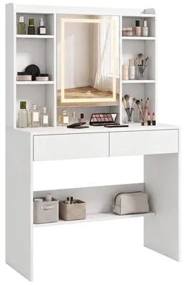 Productafbeelding van Kaptafel met spiegelkastje, ledverlichting, 2 lades, wit