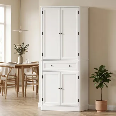 Produktbild von Küchenschrank Hochschrank 4 Türen mit Schublade, Vorratsschrank verstellbare Einlegeböden, MDF Aluminiumgriff, Weiß | 80 x 39,5 x 186,4 cm | 24,66 kg