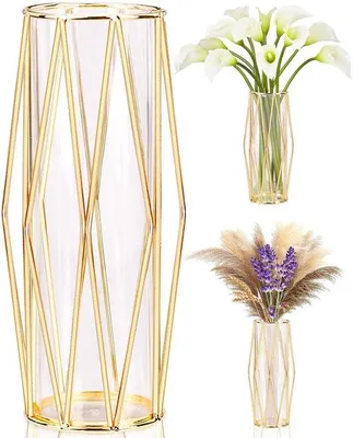 Produktbild von Unyqoos® Glasvase 28 cm mit goldfarbenem Metallständer – reagenzglasförmige, skandinavische Vase für Blumen, Pampasgras & Dekoration