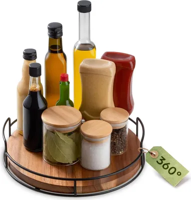 Produktbild von Drehplatte Holz 28 cm - NachhaltigesAkazienholz - 360° Organizer - Anti-Rutschmatte - Kräuterregal - Tisch Küche
