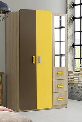 Produktbild von Kleiderschrank Spiegel Modernes Design Gelb Braun Farbakzente Kinderzimmer Möbel