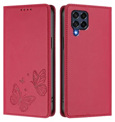 Obrázek produktu pro Kožené pouzdro pro Samsung Galaxy M53 5G, motýlí ražbou, peněženkové flip pouzdro se stojánkem Červená