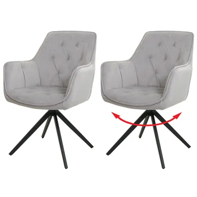 Immagine prodotto di set di 2 sedie per sala da pranzo HWC-L80, sedia da cucina sedia imbottita con braccioli, girevole, metallo tessuto/tessuto ~ grigio chiaro