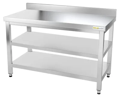 Image de Table de travail en inox 1500 x 800 mm adossée avec 2 étagères PREMIUM - GOLDINOX