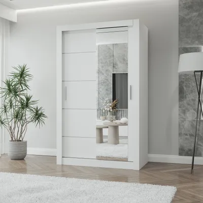Produktbild von Schwebetürenschrank LION, Schlafzimmer, Kleiderschrank Schrank 120 cm Weiß/Weiß mit Spiegel, alufarbene PVC-Griffe