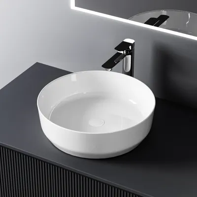 Immagine prodotto di Lavabo da appoggio EMKE rotondo bianco piccolo senza foro per rubinetto lucido 39 x 39 x 12 cm – Lavabo in Vetroceramica per bagni moderni