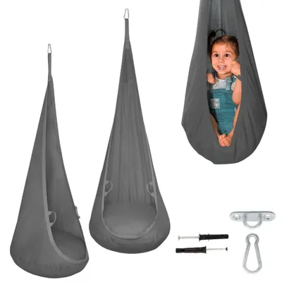 A collage of a child's hanging chair, including a child sitting in one, and mounting hardware.