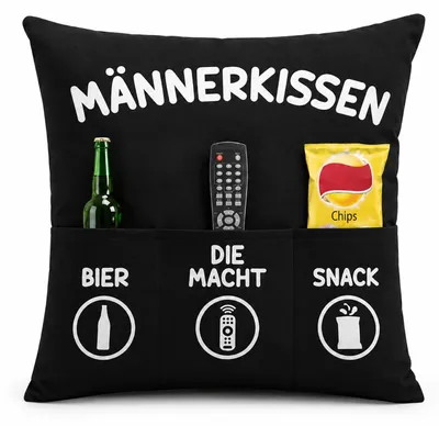 Produktbild von KAMACA Männerkissen Dekokissen mit weicher Füllung 43 x 43 cm Kuschelkissen mit 3 Taschen Geschenkidee für Männer Gamer Väter und Couchhelden für Vatertag Geburtstag Weihnachten (Männer-Kissen)