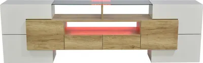 Immagine prodotto di okwish Mobile TV di design, mobile basso, mobile TV bianco lucido con illuminazione a LED e ripiano in vetro, 200 cm di profondità, finitura naturale