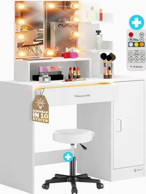 Produktbild von CASARIA® Schminktisch Jocelyn mit Hocker LED-Beleuchtung Spiegel Schublade 3 Ablagen Make-up Kosmetiktisch Frisiertisch Schminkkommode Holz Weiß, Variante:mit LED und Hocker