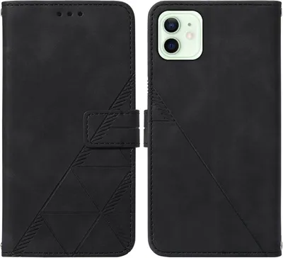 Produktbild von iPhone 12 Hülle, Schlank Prägung Flip Leder Kartenfächer Schutzhülle mit Ständer für iPhone 12 Schwarz