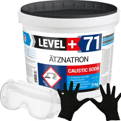 Produktbild von Rohrreiniger Ätznatron Entfetter Perlen Caustic Soda 5kg Eimer Seifenindustrie + Schutzbrille + Nitrillhandschuhe Arbeitsschutz Set RM71