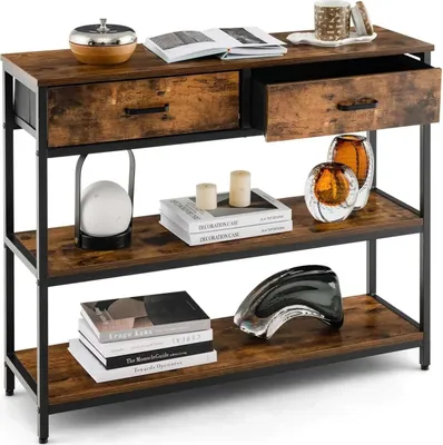 Image de Console - Table d'entrée avec tiroir - Modèle étroit - 3 niveaux - Structure métallique - Tablettes en bois - 100 x 30 x 80 cm - Style vintage - Marron rustique