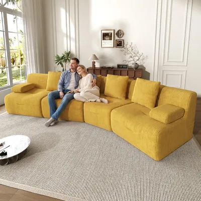 Produktbild von Merax Modulares Sofa 4-Sitzer aus Cordstoff, 4 frei kombinierbare Sitzmodule, Kompressionssofa ohne Montage, 400 kg belastbar, 311×90×65 cm, Gelb
