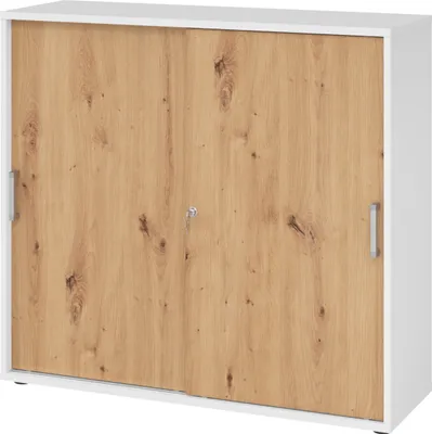 Produktbild von bümö Schiebetürenschrank office - 3 Ordnerhöhen - Griff: Chromgriff (Metall), Nachbildung: Weiß/Asteiche