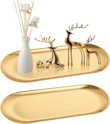 Produktbild von 2er Set Goldene Dekotabletts Edelstahl Spiegeltablett für Dessert Schmuck und Kerzen