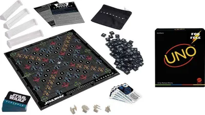 Zdjęcie produktu dla Mattel Games Star Wars Scrabble + Uno Minimalistyczna darmowa gra planszowa wielokolorowa 10 lat wielokolorowa 10 lat