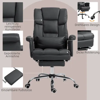 Zdjęcie produktu dla Ergonomiczne krzesło biurowe w kolorze czarnym - regulowana wysokość 48-56 cm, z podnóżkiem i regulowanym oparciem