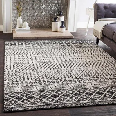 Image de Tapis Unyqoos® 160x228 cm – Tapis moderne de style bohème pour salon et chambre, motif géométrique, en polypropylène, hauteur du velours 6,5 mm, noir/gris/blanc, tissé à la machine, Oeko-Tex Standard 100