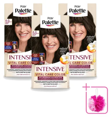 Imagen del producto de 3 tintes para el cabello Poly Palette Vital Care, color 4-0 (marrón oscuro), 115 ml cada uno. Paquete económico de 3 unidades