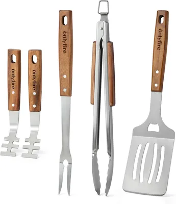 Productafbeelding van Grillset 5-delig, roestvrij staal, houten handgrepen, voor buitenbarbecue