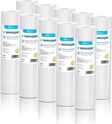 A group of water filter cartridges arranged in rows.