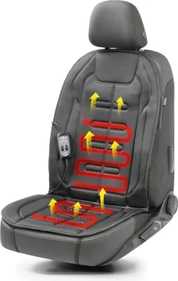 A car seat cover with heating elements and arrows indicating heat flow.