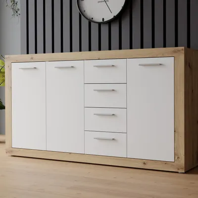 Produktbild von Forte BACCIO Sideboard 150, modernes Sideboard für Wohn-/Schlafzimmer, 3-türig, 4 Schubladen, Holzwerkstoff, Artisan Eiche Holzdekor|Weiß, 152,6 cm breit x 91,5 cm hoch x 34 cm tief