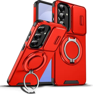 Produktbild von Handyhülle für Samsung Galaxy S26+ Dual-Layer Stoßfest Militär Hülle mit Dia Kameraschutz und Magnetisch Ring Ständer Rot