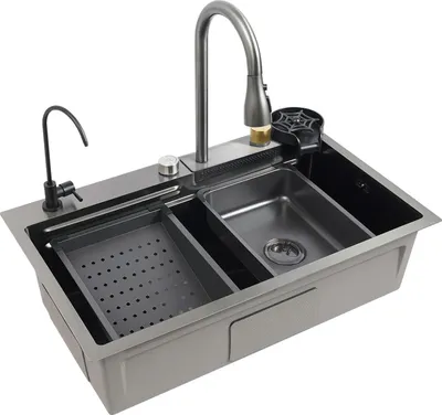 Produktbild von Küchenspüle aus Edelstahl - Doppelbecken - Auszieharmatur - Schiebeschiene - Abtropfkorb, Schneidebrett & Becherspüler - 75×45×21 cm - Dunkelgrau