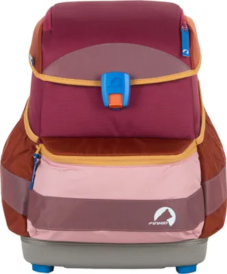 A colorful backpack with multiple compartments and a buckle closure.