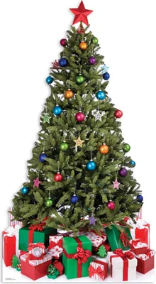 A decorated Christmas tree with presents underneath, set against a white background.