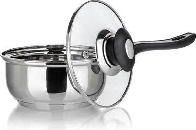 A stainless steel pot with a glass lid and black handle, shown on a white background.