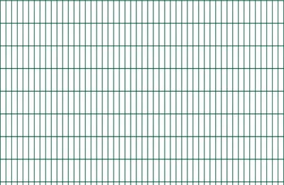 A green metal fence panel with a grid pattern.
