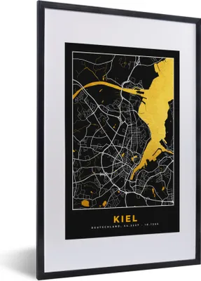 Produktbild von MuchoWow® Gerahmtes Poster Kiel - Karte - Stadtplan - Gold - Deutschland 40x60 cm - Poster mit Schwarzem Bilderrahmen Wandposter Rahmen Foto Bilder - Poster in Rahmen