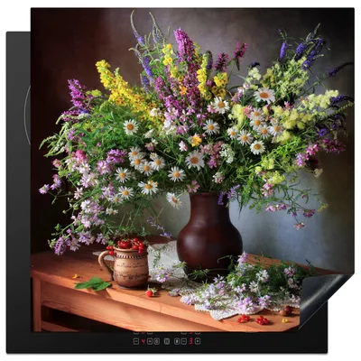 Produktbild von KitchenYeah© Herdabdeckplatte Blumen - Tisch - Stilleben - Blumenstrauß - Vase , 78x78cm, Küche Deko, Glaskeramikkochfeld Herdabdeckung, Abdeckplatte fùr Kochfeld