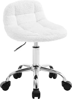 A white, fluffy office stool with a low backrest and silver legs with wheels, isolated on a white background.
